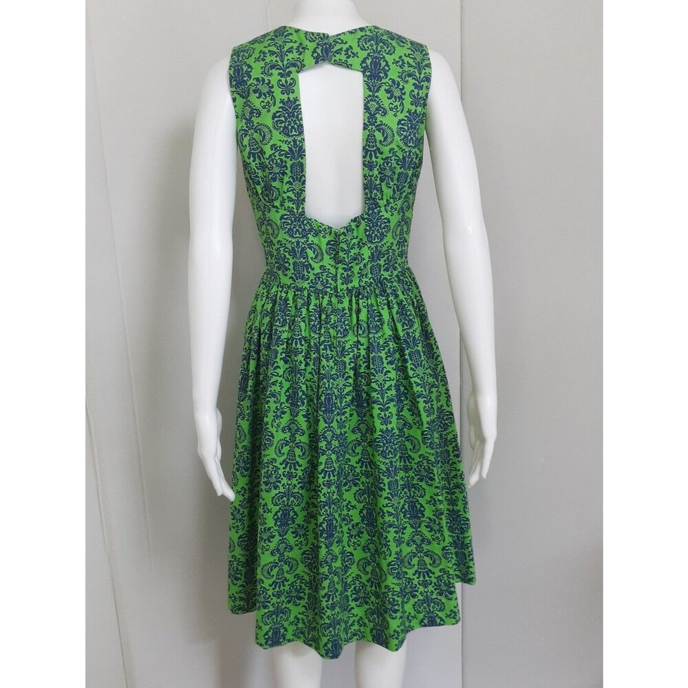 Hand Tailored Distinctive Back Cut-Out Green Damask Boho Print Dress Sz 6